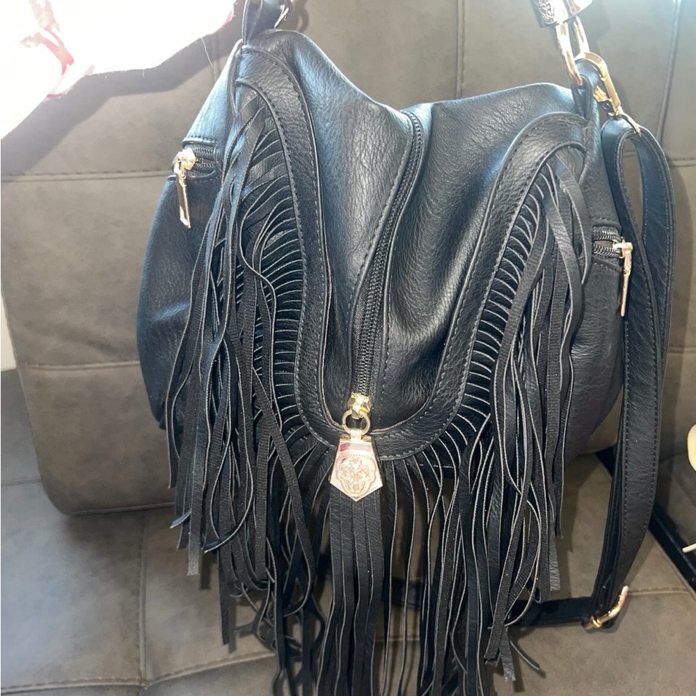 Black Fringe Leather Shoulder Bag